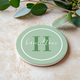 Dessous De Verre En Grès Élégant monogramme rond en vert sauge script