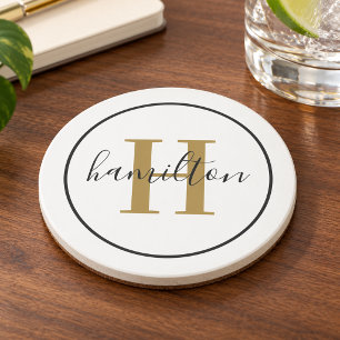 Dessous De Verre En Grès Élégant Monogramme Rond Script Laiton Noir