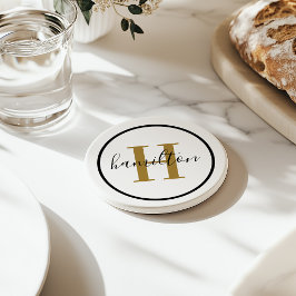 Dessous De Verre En Grès Élégant Monogramme Rond Script Laiton Noir
