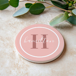 Dessous De Verre En Grès Élégant Monogramme Rond Script Rose Pâle