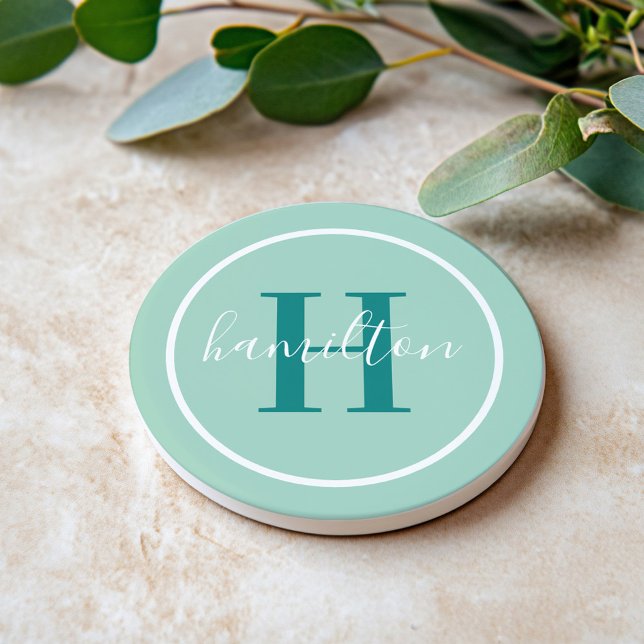 Dessous De Verre En Grès Élégant monogramme rond script vert sarcelle (Créateur téléchargé)
