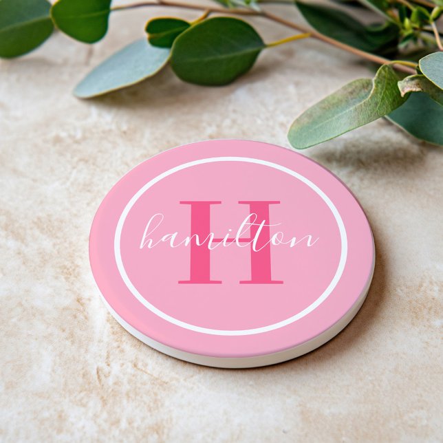 Dessous De Verre En Grès Élégant rose clair rond Monogramme personnalisé in (Créateur téléchargé)