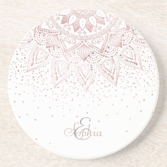 Dessous De Verre En Grès Elégant Rose Gold Dots Mandala (Devant)