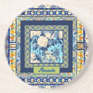 Dessous De Verre En Grès Élégante chinoiserie de tuile bleu floral monogram