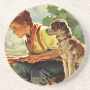 Dessous De Verre En Grès Enfant vintage, Pêche avec son chien animal de com