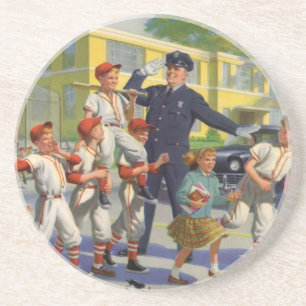 Dessous De Verre En Grès Enfants vintages, Joueurs De Baseball Traversant L