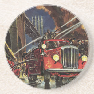 Dessous De Verre En Grès Entreprise Vintage, Pompiers Véhicules de pompiers