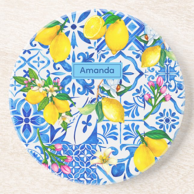 Dessous De Verre En Grès Eté majolica bleu Sicilienne agrumes méditerranéen (Devant)