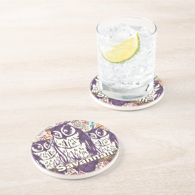 Dessous De Verre En Grès Famille de hibou géométrique stylisée violet (Côté)