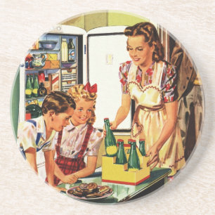 Dessous De Verre En Grès Famille vintage dans la cuisine Maman Papa Enfants