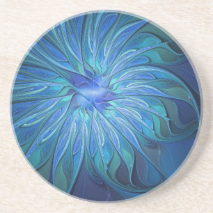 Dessous De Verre En Grès Fantaisie de fleurs bleues, art fractal abstrait