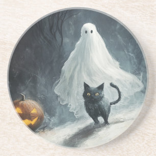 Dessous De Verre En Grès Fantôme d'Halloween et chat noir