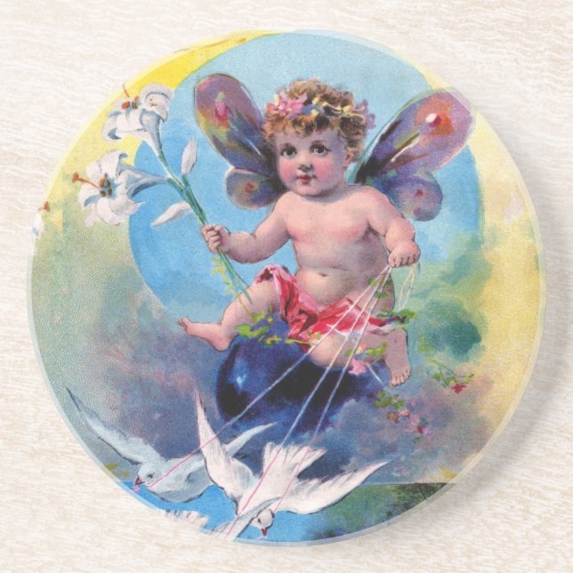 DESSOUS DE VERRE EN GRÈS FÉE BÉBÉ AVEC DES COLOMBES (Devant)