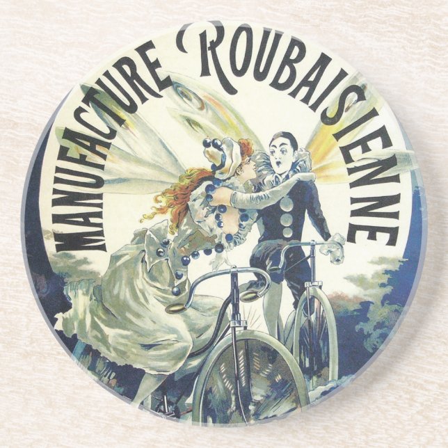 Dessous De Verre En Grès Fées Art Nouveau vintage, Lune à Vélo Pierrot (Devant)
