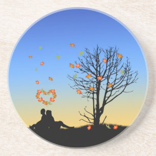 Dessous De Verre En Grès Feuilles d'automne en forme de coeur Couple