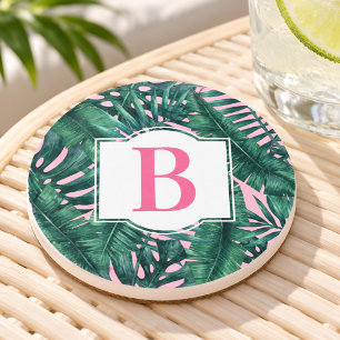 Dessous De Verre En Grès Feuilles de palmier vert tropical Monogramme rose