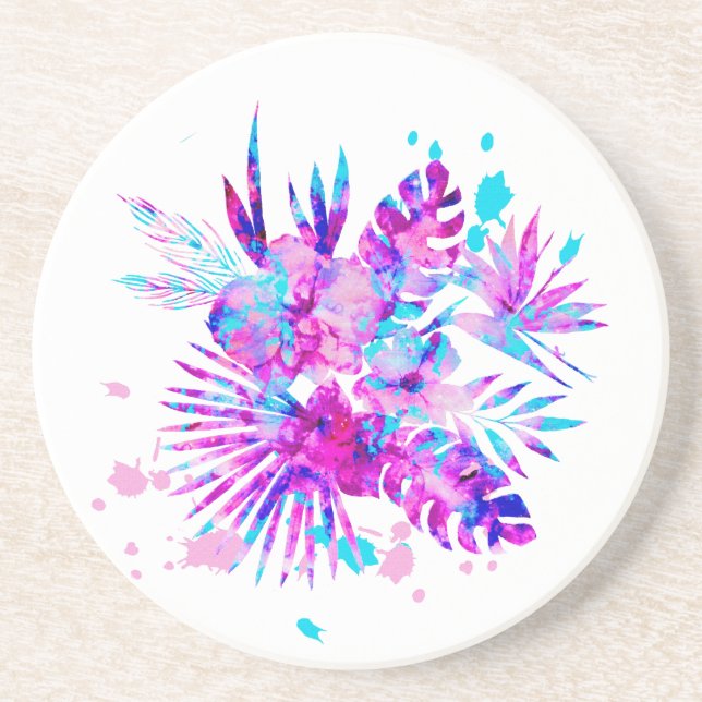 Dessous De Verre En Grès Feuilles tropicaux et fleurs (Devant)