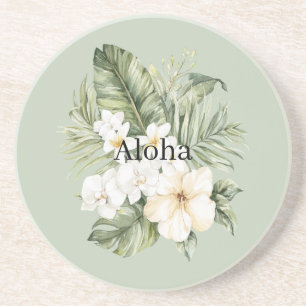 Dessous De Verre En Grès Feuilles Vertes Tropicales Orchidées Hibiscus Blan