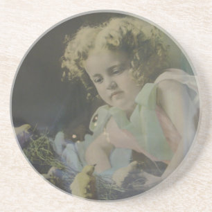 Dessous De Verre En Grès Fille vintage avec poussins