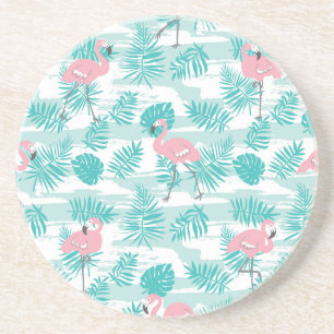 Dessous De Verre En Grès flamants roses, feuilles de palmiers verts, tropic