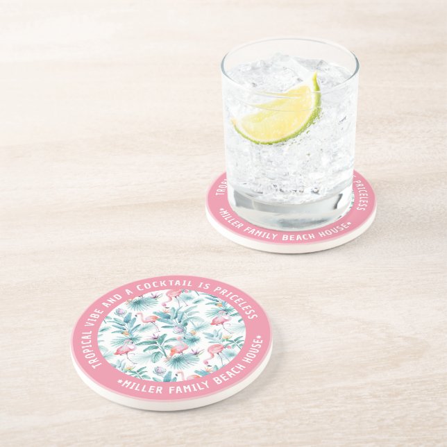 Dessous De Verre En Grès Flamants roses tropicaux feuille motif (Côté)