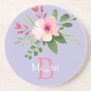 Dessous De Verre En Grès Fleur aquarelle, nom et monogramme sur lavande