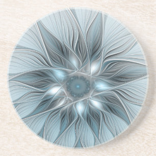 Dessous De Verre En Grès Fleur joyeuse abstraite florale fractale bleue gri