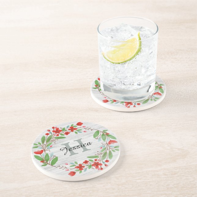 Dessous De Verre En Grès Fleur rouge Wreath Rustique Personnalisé (Côté)