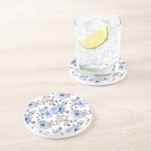 Dessous De Verre En Grès Fleurs Aquarelles Bleues Chic