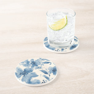 Dessous De Verre En Grès Fleurs aquarelles bleues peintes botaniques fantai