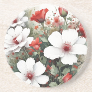 Dessous De Verre En Grès Fleurs blanches et rouges Elégante aquarelle