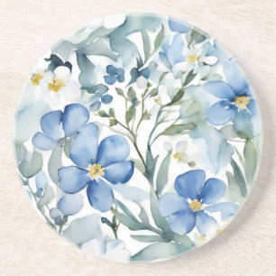 Dessous De Verre En Grès Fleurs Bleues Blancs Aquarelle Chic