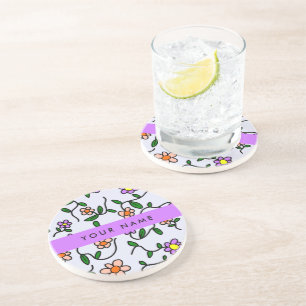 Dessous De Verre En Grès Fleurs Colorées, Fond Bleu, Violet