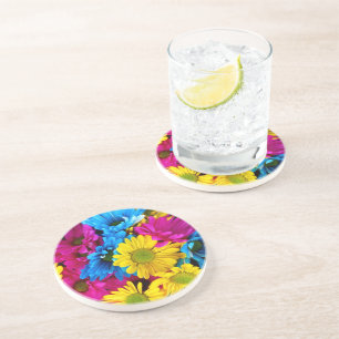 Dessous De Verre En Grès Fleurs colorées, marguerites - Rose Jaune Bleu