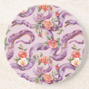 Dessous De Verre En Grès Fleurs Crème Rouges Serpents Violets