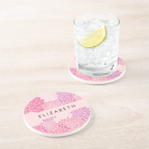 Dessous De Verre En Grès Fleurs Dahlia Roses, Motif De Fleurs, Votre Nom