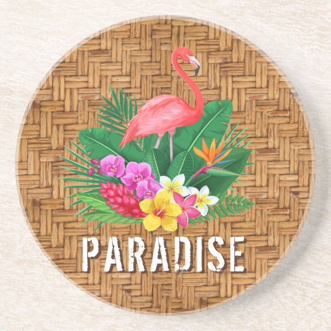 Dessous De Verre En Grès Fleurs de Flamant rose sur Motif en osier (Devant)