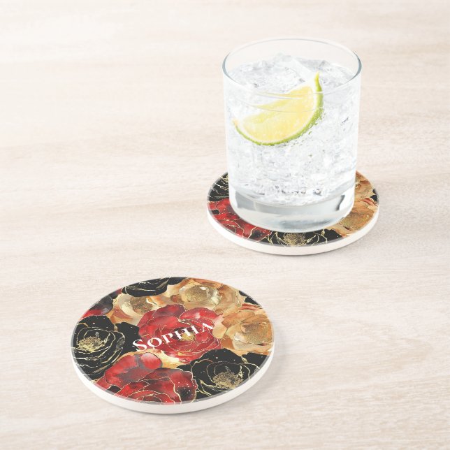 Dessous De Verre En Grès Fleurs de glam rouge or Anniversaire (Côté)