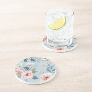 Dessous De Verre En Grès Fleurs de jardin aquarelle bleu poussiéreux roses