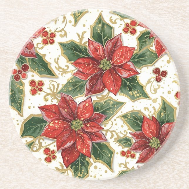 Dessous De Verre En Grès Fleurs de Noël Rouge Poinsettia (Devant)