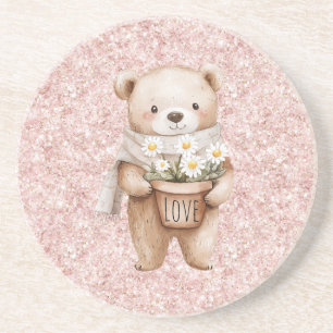 Dessous De Verre En Grès Fleurs de pâquerette d'ours doux pailleté rose