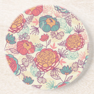 Dessous De Verre En Grès Fleurs de pivoine et motif feuille