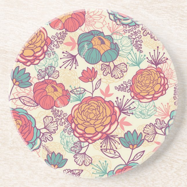 Dessous De Verre En Grès Fleurs de pivoine et motif feuille (Devant)