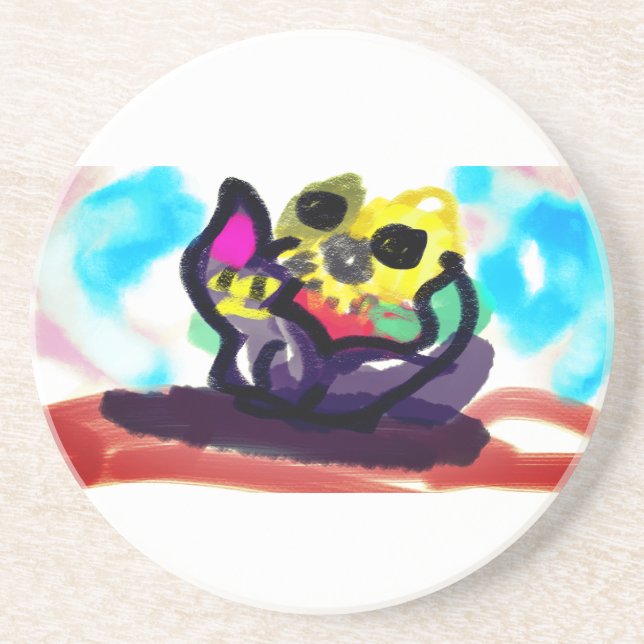 Dessous De Verre En Grès Fleurs de soleil et chat noir (Devant)