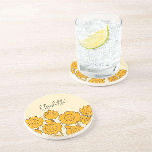 Dessous De Verre En Grès Fleurs de soleil jaunes Nom personnalisable