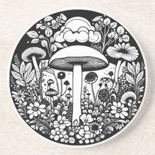 Dessous De Verre En Grès Fleurs et champignons noirs et blancs Vintages