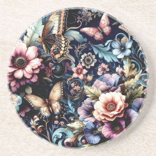 Dessous De Verre En Grès Fleurs et papillons de printemps antiques
