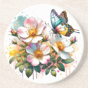 Dessous De Verre En Grès Fleurs et papillons Dessous de verre de grès