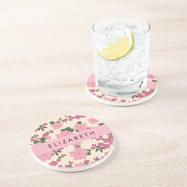 Dessous De Verre En Grès Fleurs Roses, Motif De Fleurs, Votre Nom (Côté)