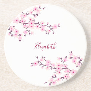 Dessous De Verre En Grès Floral Fleurs de cerisiers rose blanc Monogramme